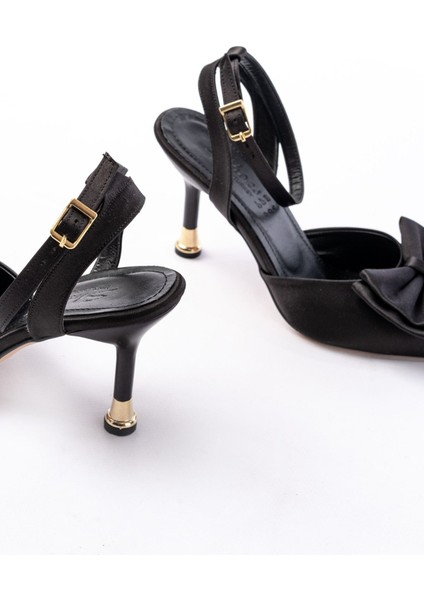 İNF-4505 Siyah Saten Günlük Arkası Açık Kurdele Detaylı Topuklu Bayan Ayakkabı indirimleri