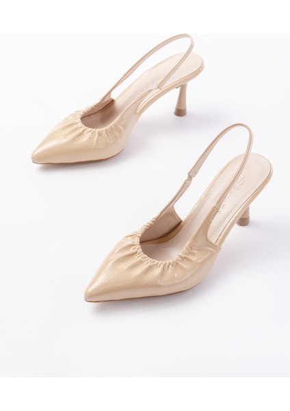 İNF-40451 Bej Kırışık Rugan Günlük Arkası Açık Topuklu Bayan Ayakkabı fırsatları
