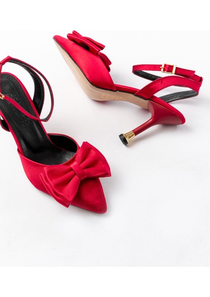 İNF-4505 Bordo Saten Günlük Arkası Açık Kurdele Detaylı Topuklu Bayan Ayakkabı indirimleri
