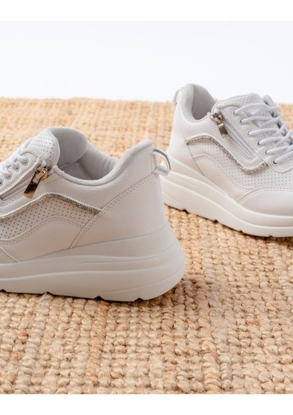 F-207 Beyaz Bağcıklı Fermuarlı Taş Aksesuarlı Mevsimlik Spor Ayakkabı indirimleri