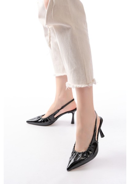 İNF-40451 Siyah Kırışık Rugan Günlük Arkası Açık Topuklu Bayan Ayakkabı