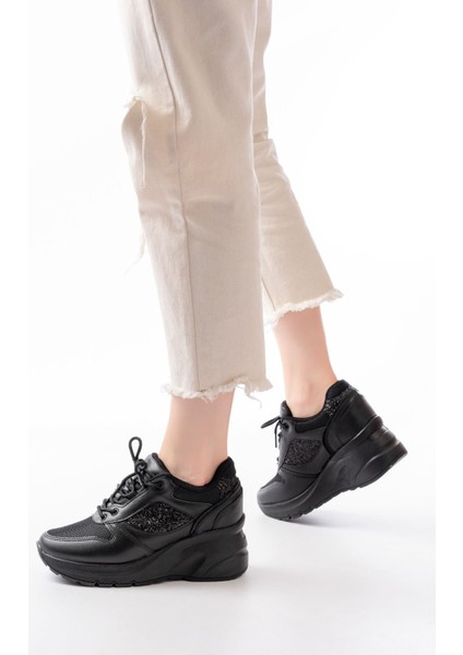 F-185 Siyah Günlük Bağcıklı Taş Aksesuarlı Yazlık Spor Ayakkabı