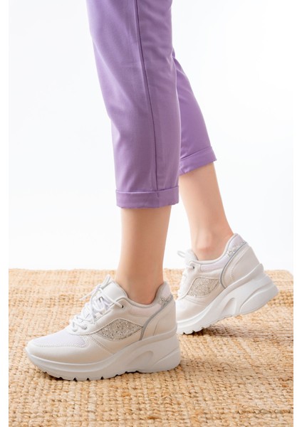 F-185 Beyaz Günlük Bağcıklı Taş Aksesuarlı Yazlık Spor Ayakkabı