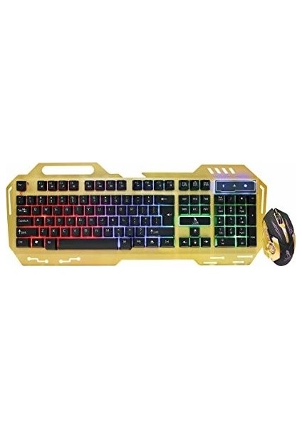 Metal Işıklı Oyuncu Klavye Mouse Seti - Türkçe Q Gold