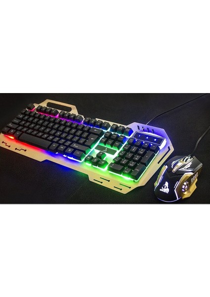 Metal Işıklı Oyuncu Klavye Mouse Seti - Türkçe Q Gold