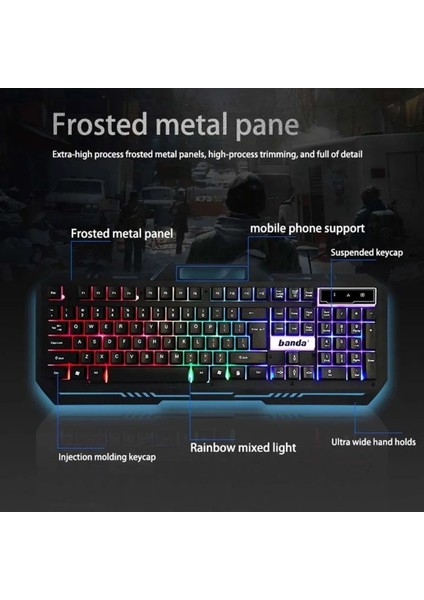 Metal Işıklı Oyuncu Klavye Mouse Seti - Türkçe Q Gold