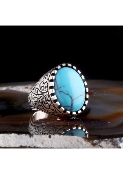 Turkuaz Taşlı Kalem Işleme Motifli 925 Ayar Gümüş Erkek Yüzük