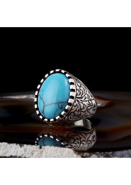 Turkuaz Taşlı Kalem Işleme Motifli 925 Ayar Gümüş Erkek Yüzük fiyatları