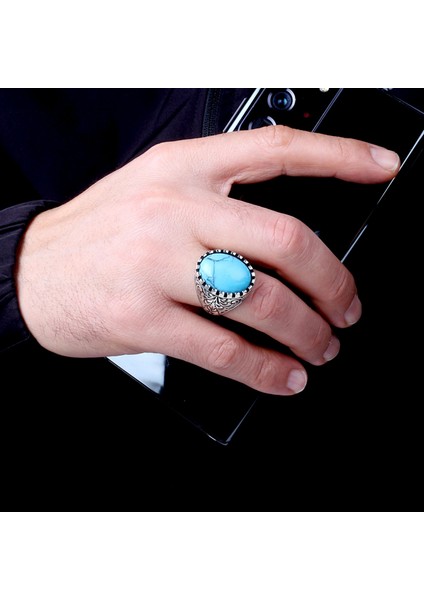 Turkuaz Taşlı Kalem Işleme Motifli 925 Ayar Gümüş Erkek Yüzük modelleri