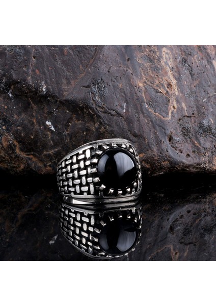 Onix Taşlı Örgü Model 925 Ayar Gümüş Erkek Yüzük