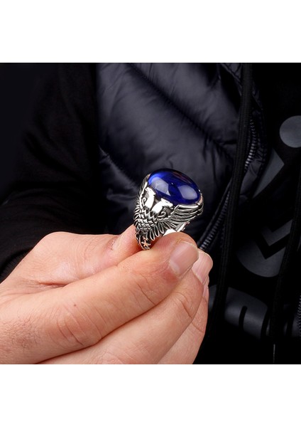 Mavi Renk Zirkon Taşlı Çift Başlı Kartal Model Erkek Yüzük modelleri