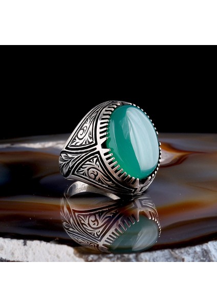 Akik Taşlı Kalem Işleme Desenli 925 Ayar Gümüş Erkek Yüzük