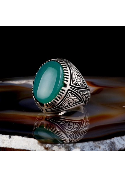 Akik Taşlı Kalem Işleme Desenli 925 Ayar Gümüş Erkek Yüzük fiyatları