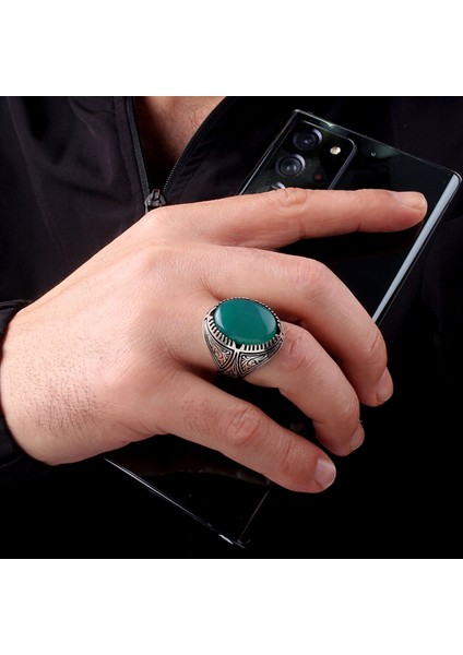Akik Taşlı Kalem Işleme Desenli 925 Ayar Gümüş Erkek Yüzük modelleri