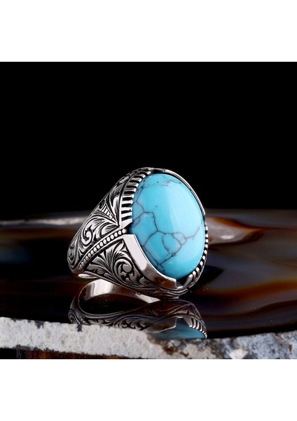 Turkuaz Taşlı Kalem Işleme Desenli 925 Ayar Gümüş Erkek Yüzük