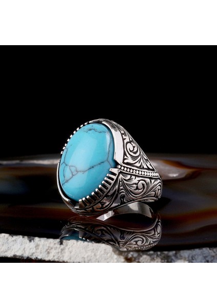 Turkuaz Taşlı Kalem Işleme Desenli 925 Ayar Gümüş Erkek Yüzük fiyatları