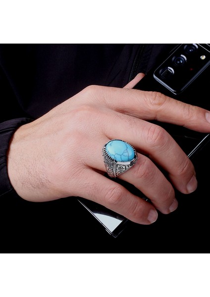 Turkuaz Taşlı Kalem Işleme Desenli 925 Ayar Gümüş Erkek Yüzük modelleri