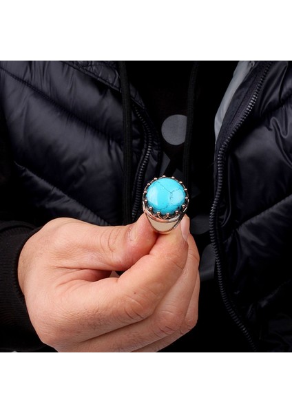 Turkuaz Taşlı Oval Model 925 Ayar Gümüş Erkek Yüzük modelleri