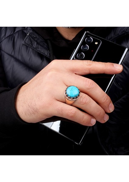 Turkuaz Taşlı Oval Model 925 Ayar Gümüş Erkek Yüzük fırsatları