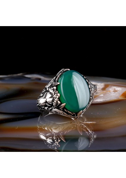 Yeşil Akik Taşlı Aslan Model 925 Ayar Gümüş Erkek Yüzük