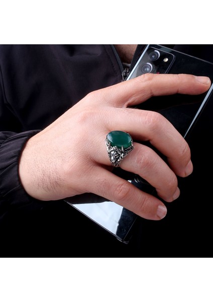 Yeşil Akik Taşlı Aslan Model 925 Ayar Gümüş Erkek Yüzük fırsatları