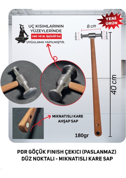 Pdr Göçük Fınısh Çekıcı (Paslanmaz) Düz Noktalı Mıknatıslı Kare Sap