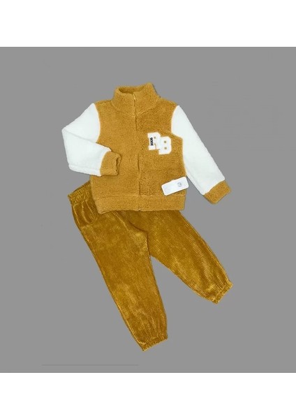 1-2-3 Yaş Kuzu Kumaş Fermuarlı Sweat Kadife Pantolonlu Uzun Kollu Kız Erkek Çocuk 2li Takım Hardal