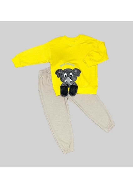 1-2-3 Yaş Filli Sallanan Ayak Desenli Likra Penye Kumaş Sweat Pantolonlu Kız Erkek 2li Çocuk Takımı Sarı