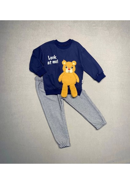 2-3-4 Yaş Ayıcık Sallanan Ayak Desenli Likra Penye Kumaş Sweat Pantolonlu Kız Erkek 2li Çocuk Takımı Lacivert