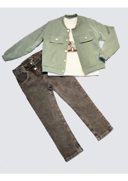 4-5-6 Yaş Kot Pantolonlu Nubukceketli Uzun Kollu Penye Sweat 3lü Erkek Çocuk Takımı Yeşil