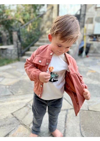 4-5-6 Yaş Kot Pantolonlu Nubukceketli Uzun Kollu Penye Sweat 3lü Erkek Çocuk Takımı Kiremit