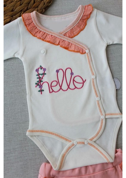 3-6 6-9 9-12 Ay Hello Nakışlı Kruvaze Bandanalı Uzun Kollu Zıbınlı 3lü Kız Bebek Takımı Somon fiyatları