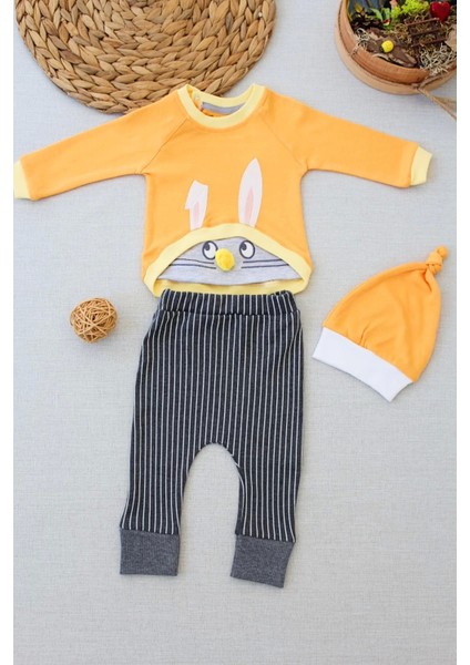 3-6 6-9 9-12 Ay Şımarık Tavşan Nakışlı Şapkalı Uzun Kollu Sweat 3lü Kız-Erkek Bebek Takımı Turuncu