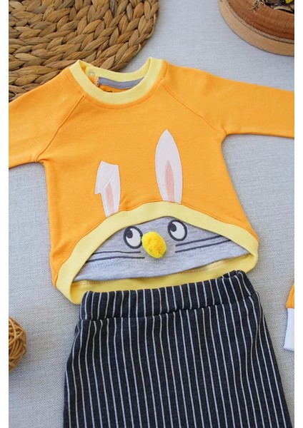 3-6 6-9 9-12 Ay Şımarık Tavşan Nakışlı Şapkalı Uzun Kollu Sweat 3lü Kız-Erkek Bebek Takımı Turuncu fiyatları