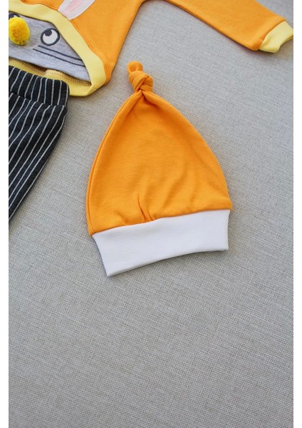 3-6 6-9 9-12 Ay Şımarık Tavşan Nakışlı Şapkalı Uzun Kollu Sweat 3lü Kız-Erkek Bebek Takımı Turuncu fırsatları