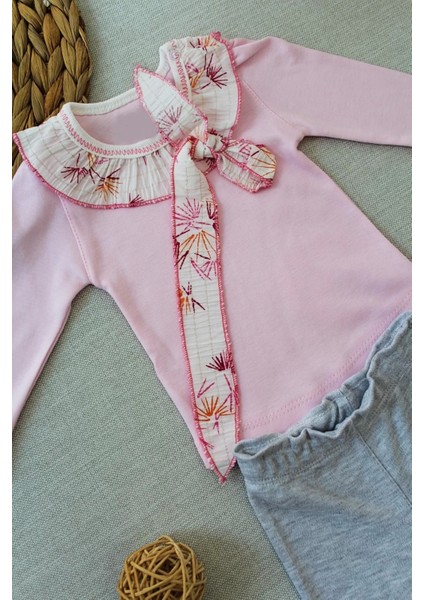 3-6 6-9 9-12 Ay Matmazel Yaka Fırfır Detaylı Bandanalı Uzun Kollu Sweat 3lü Kız Bebek Takımı Pembe fiyatları