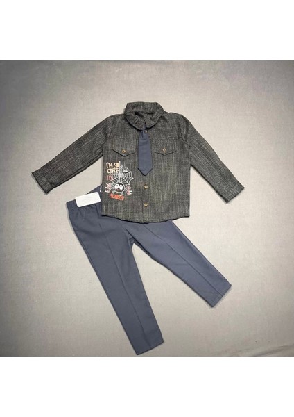 3-4-5 Yaş Kravatlı Keten Gömlek Gabardin Pantolon Uzun Kollu 3lü Erkek Çocuk Takımı Füme