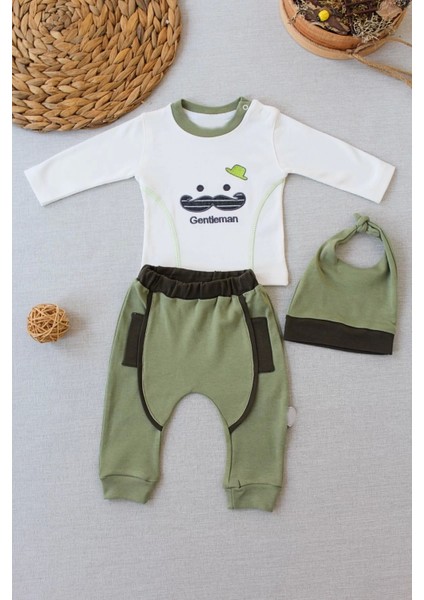 3-6 6-9 9-12 Ay Gentleman Erkek Nakışlı Şapkalı Uzun Kollu Sweat 3lü Erkek Bebek Takımı Yeşil