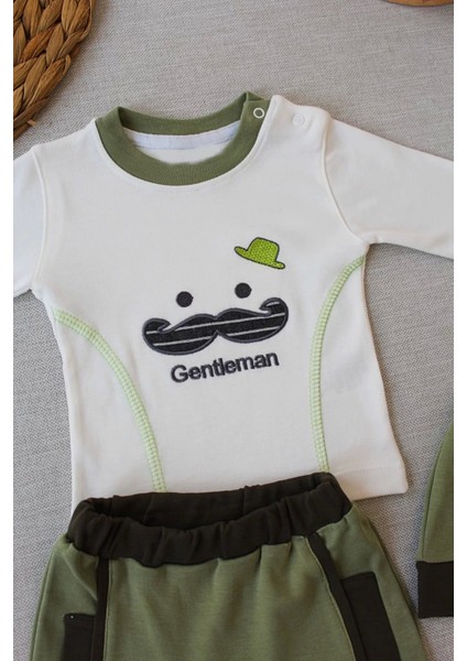 3-6 6-9 9-12 Ay Gentleman Erkek Nakışlı Şapkalı Uzun Kollu Sweat 3lü Erkek Bebek Takımı Yeşil fiyatları