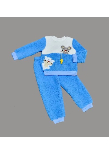 1-2-3 Yaş Sallanan Balık Nakışlı Kuzu Kumaş Sweat Pantolon Uzun Kollu Kız Erkek 2 Li Takımı Saks Mavisi