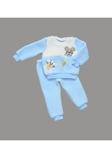 1-2-3 Yaş Sallanan Balık Nakışlı Kuzu Kumaş Sweat Pantolon Uzun Kollu Kız Erkek 2 Li Takımı Mavi