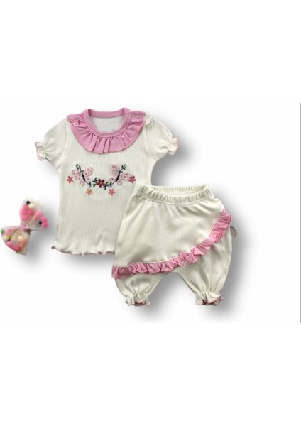 6-9 9-12 12-18 Ay Çiçek Nakışlı Roman Şalvar Bandanalı Kısa Kollu Sweat 3lü Kız Bebek Takımı Pembe