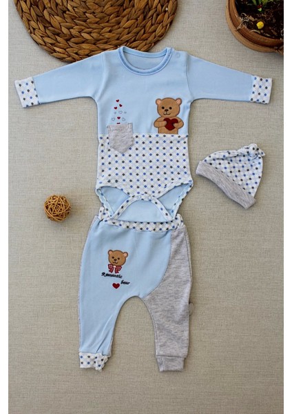 3-6 9-12 12-18 Ay Romantik Ayıcık Nakışlı Şapkalı Uzun Kollu Zıbınlı 3lü Kız-Erkek Bebek Takımı Mavi