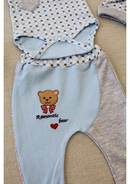 3-6 9-12 12-18 Ay Romantik Ayıcık Nakışlı Şapkalı Uzun Kollu Zıbınlı 3lü Kız-Erkek Bebek Takımı Mavi modelleri