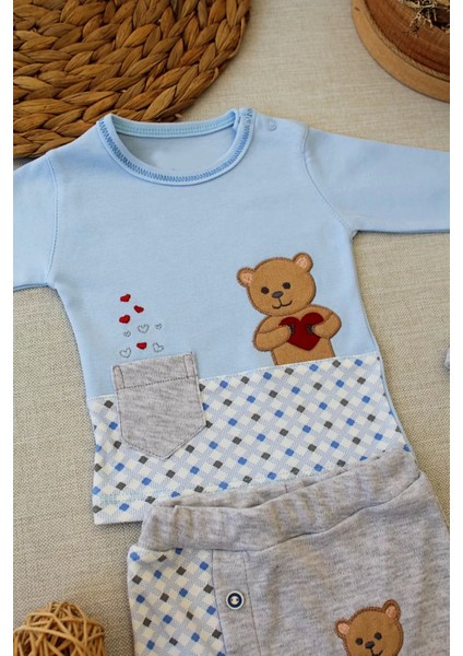 3-6 9-12 12-18 Ay Romantik Ayıcık Nakışlı Şapkalı Uzun Kollu Sweatli 3lü Kız-Erkek Bebek Takımı Mavi
