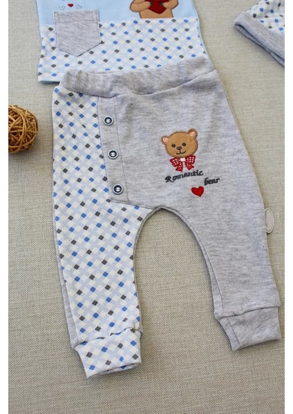 3-6 9-12 12-18 Ay Romantik Ayıcık Nakışlı Şapkalı Uzun Kollu Sweatli 3lü Kız-Erkek Bebek Takımı Mavi