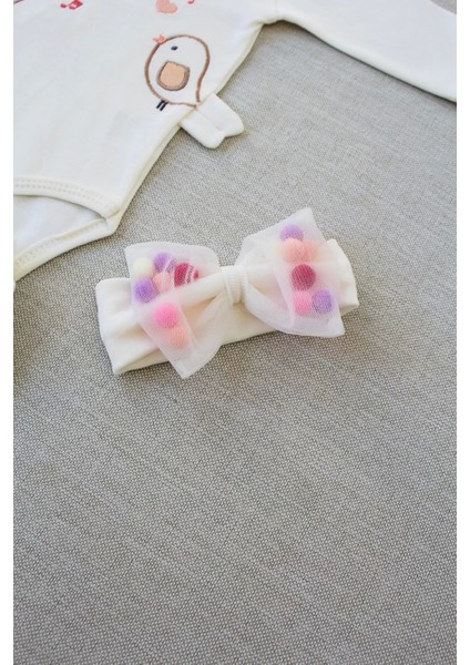 3-6 6-9 9-12 Ay Şarkıcı Kuşlar Nakışlı Bandanalı Uzun Kollu Zıbınlı 3lü Kız Bebek Takımı Ekru fırsatları