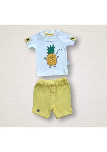 6-9 9-12 12-18 Ay Ananas Nakışlı Kısa Kollu Sweatli Şortlu 2li Kız-Erkek Bebek Takımı Sarı
