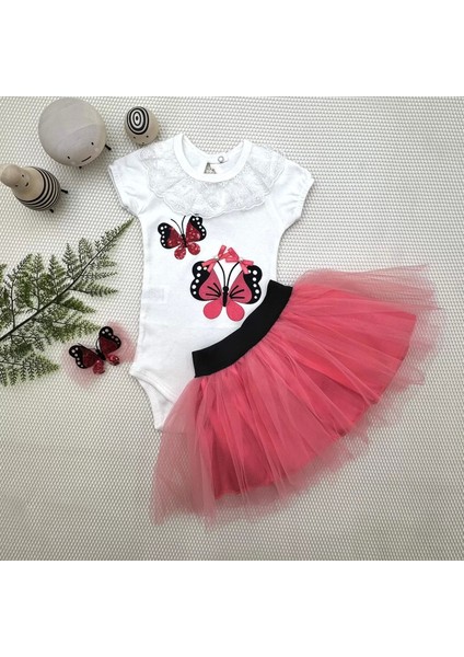 9-12-18 Ay Payetli Kelebek Nakışlı Taçlı Kısa Kollu Tütü Etek 3lü Kız Bebek Takımı Nar Çiçeği