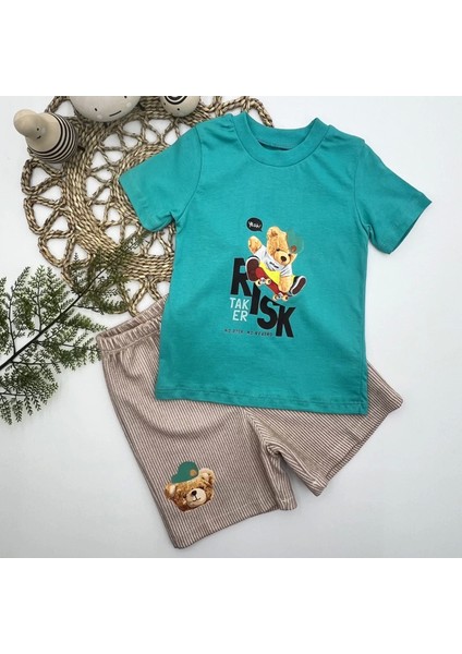 1-2-3 Yaş Kaykaycı Ayı Baskılı Şortlu Kısa Kollu Tişört 2li Erkek Bebek Takımı Turkuaz